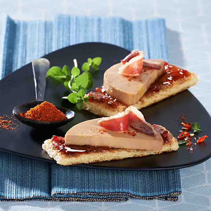 Recette du foie gras de canard sur canapé au caramel de piment